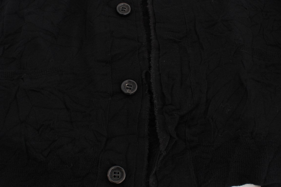 Black Fine Wool Button Cardigan