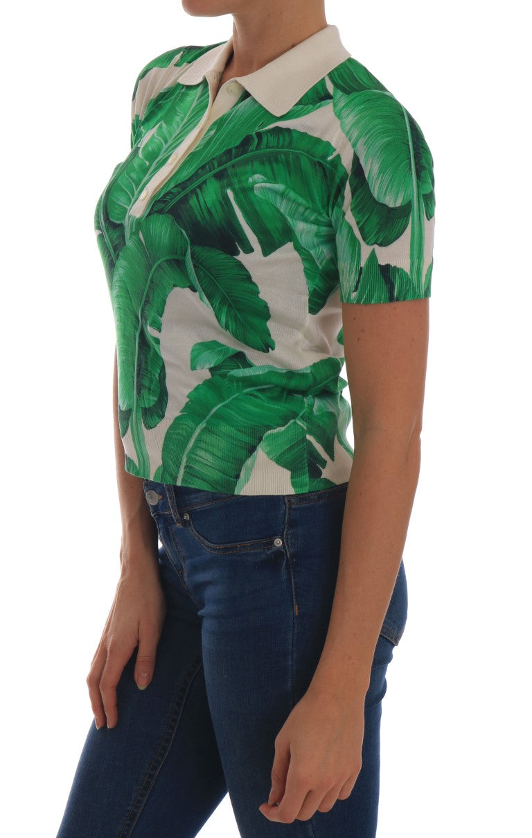 Elegant Silk Polo Top with Banana Leaf Motif