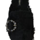 Black Lamb Fur Suede Slides with Crystal Studs