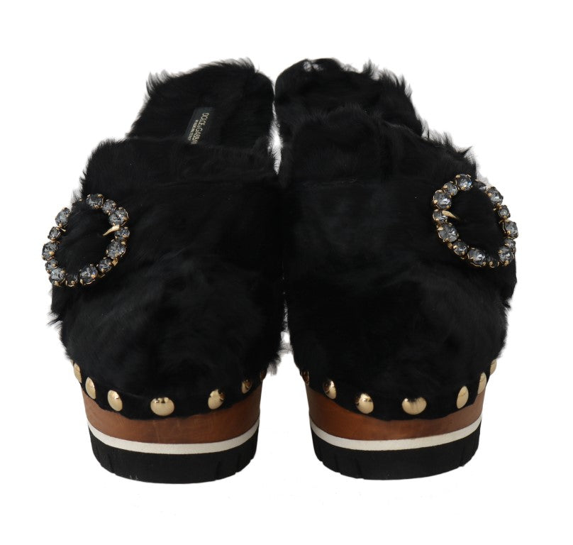 Black Lamb Fur Suede Slides with Crystal Studs