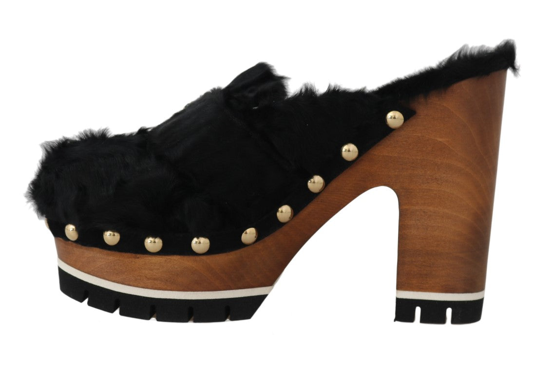 Black Lamb Fur Suede Slides with Crystal Studs