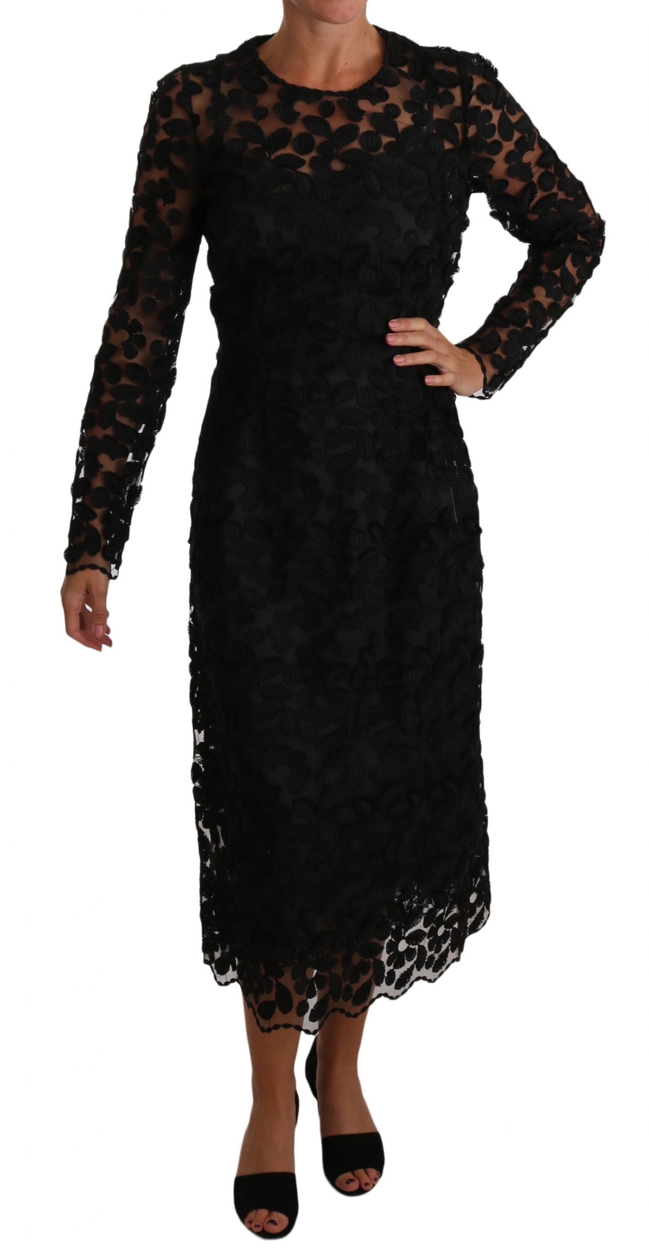 Elegant Embroidered Black Floral Midi Dress