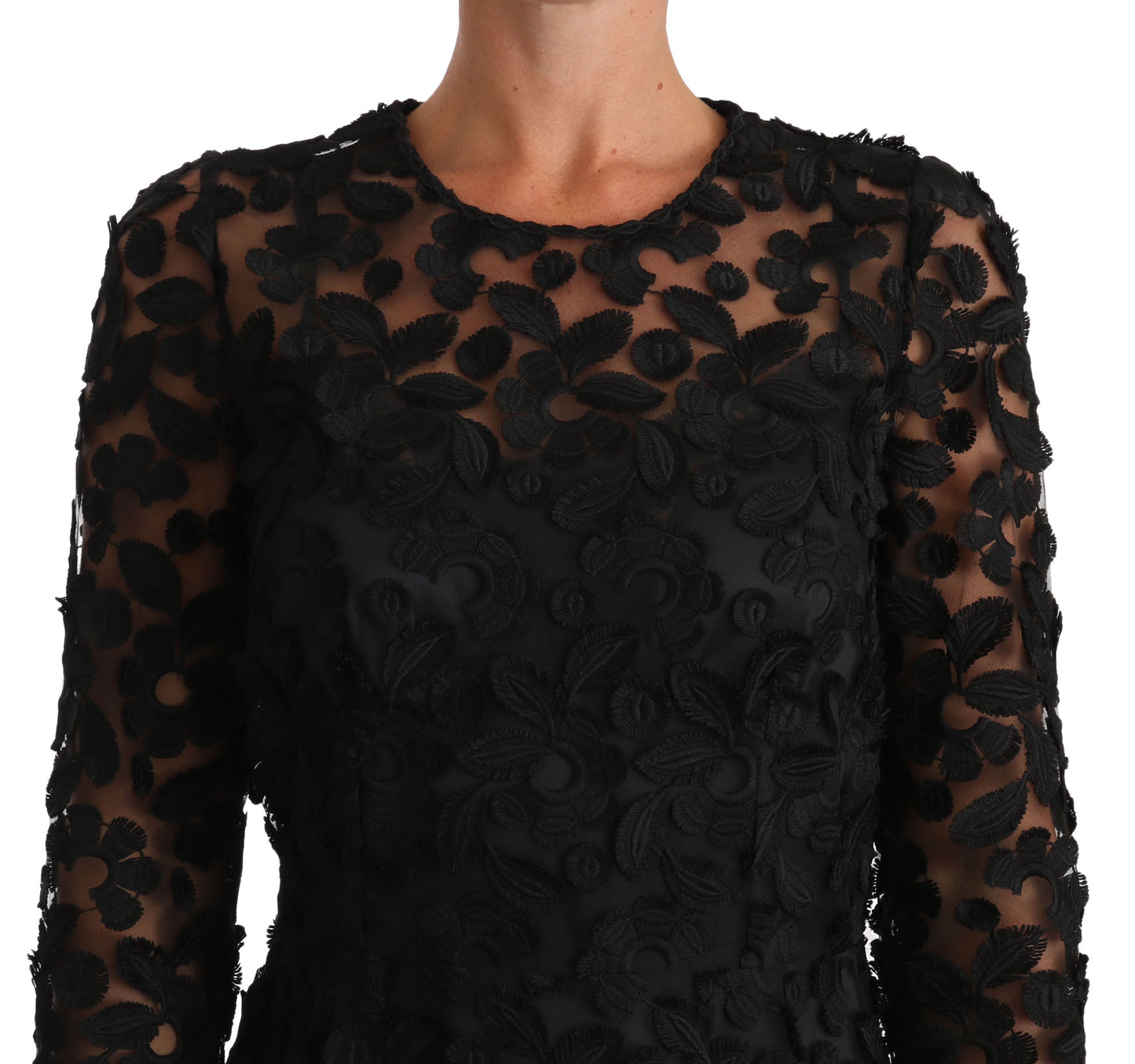 Elegant Embroidered Black Floral Midi Dress