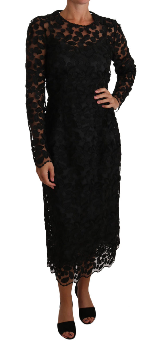 Elegant Embroidered Black Floral Midi Dress