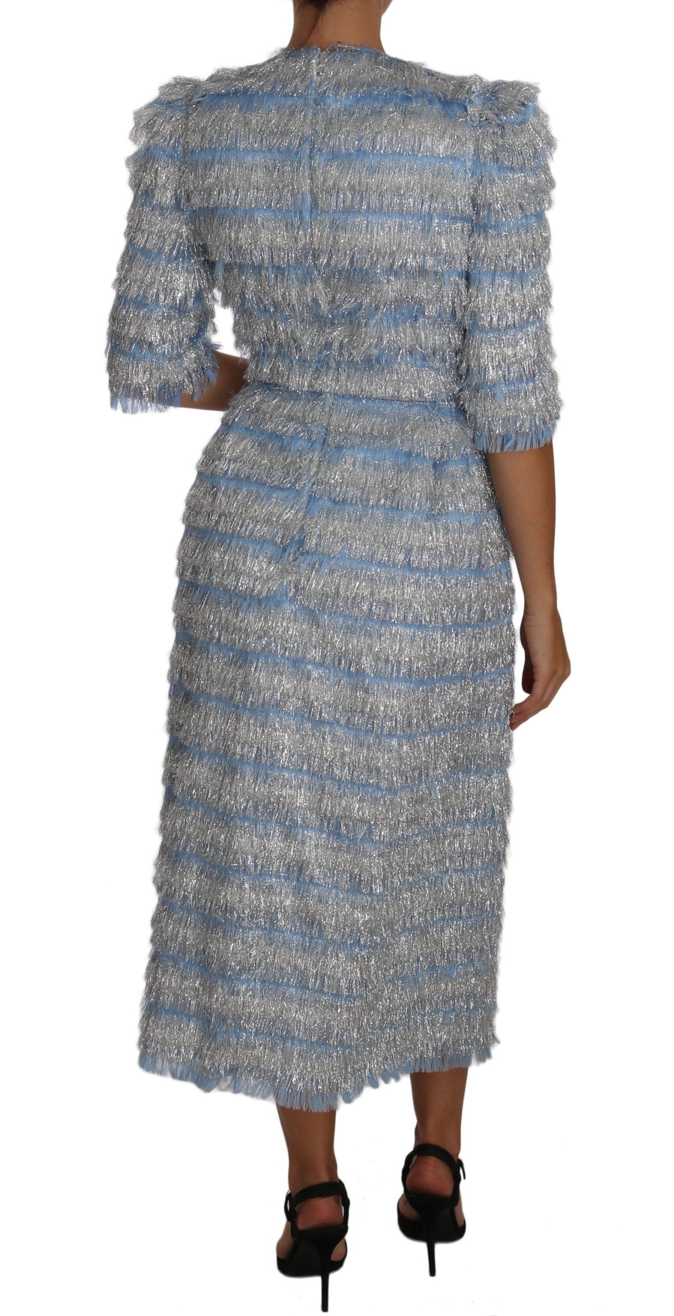 Elegant Light Blue Silver Fringe Midi Dress