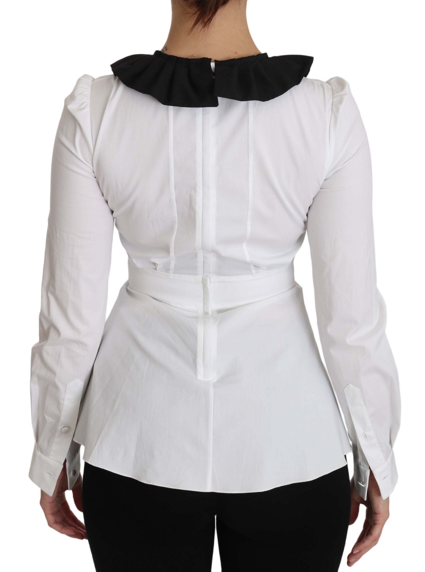 Elegant White Cotton Blend Blouse with Black Collar