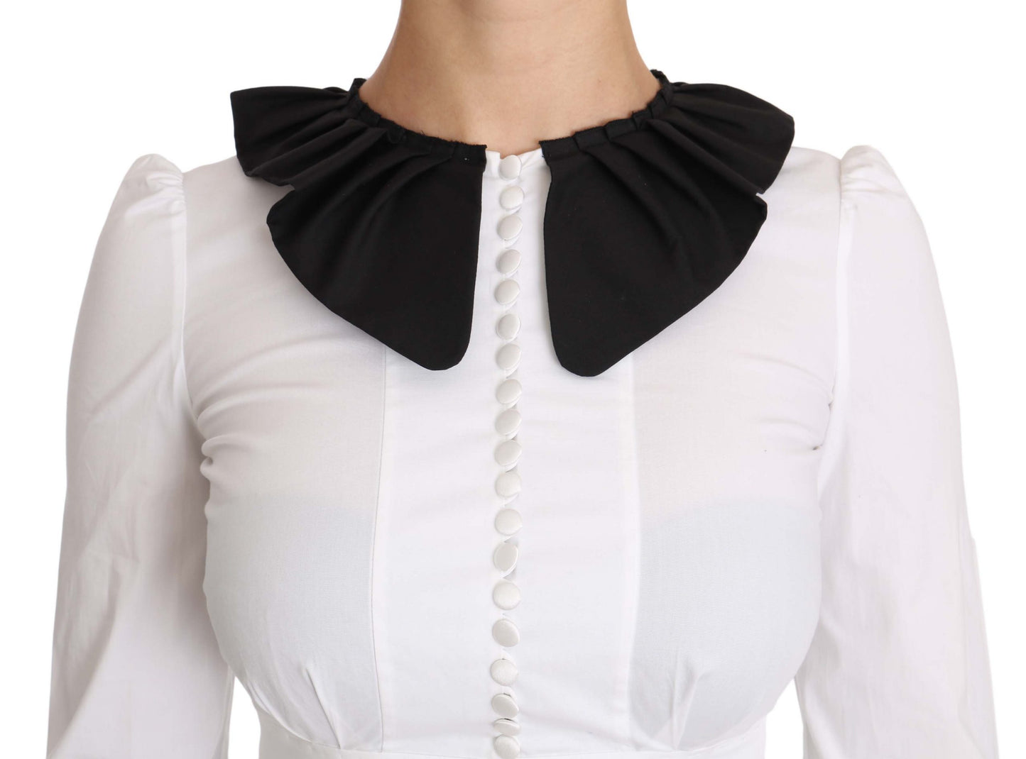 Elegant White Cotton Blend Blouse with Black Collar