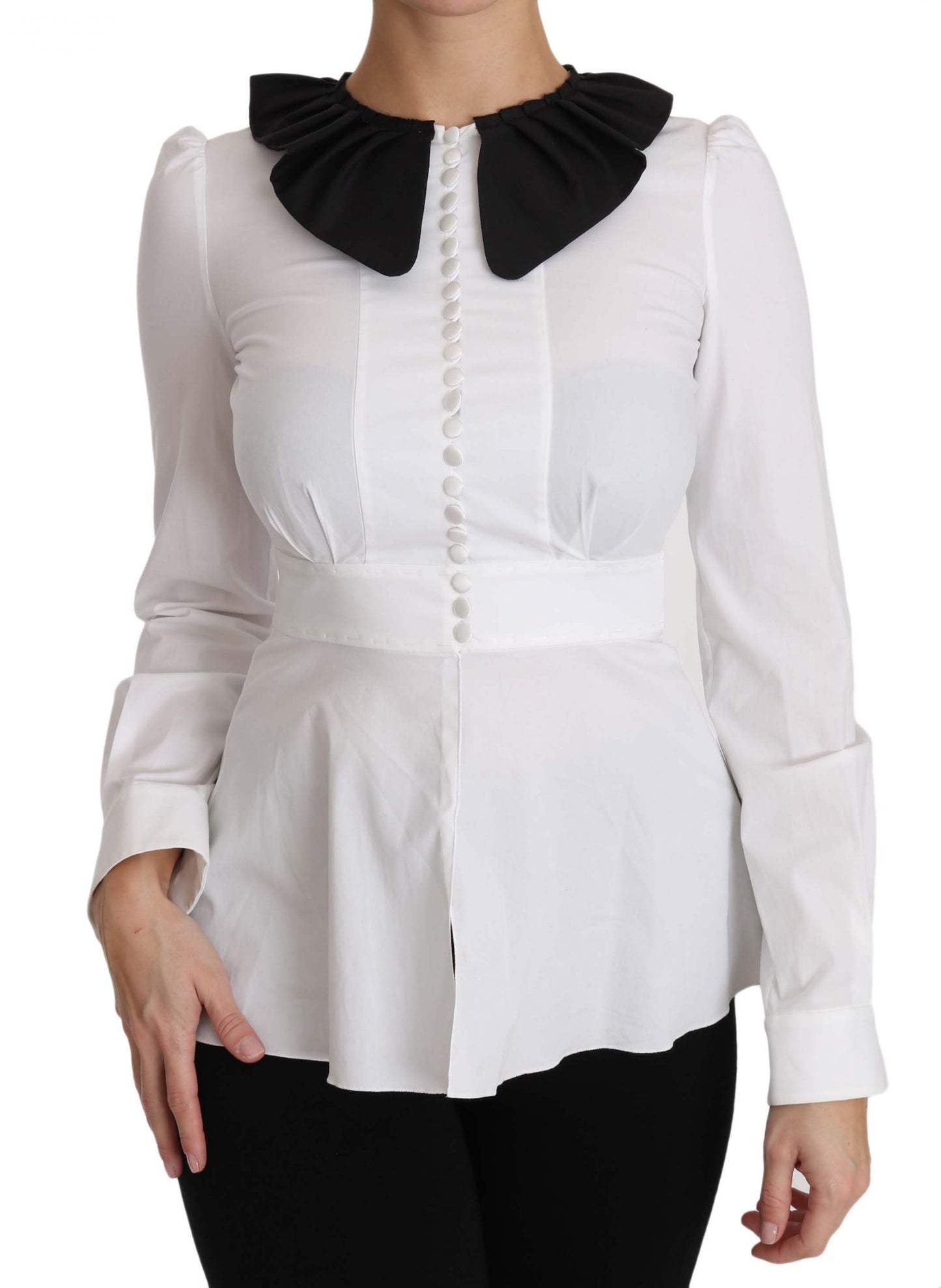 Elegant White Cotton Blend Blouse with Black Collar