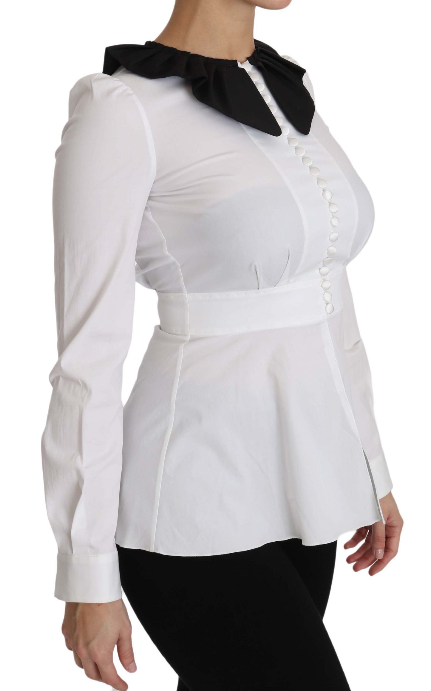 Elegant White Cotton Blend Blouse with Black Collar