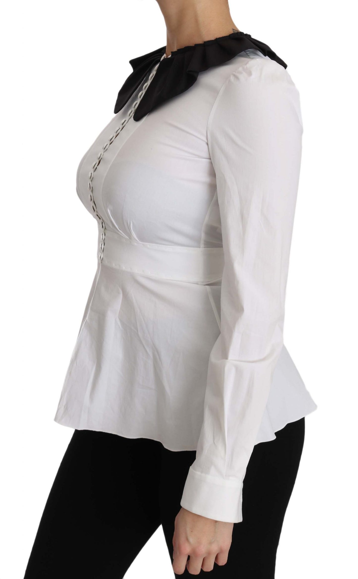 Elegant White Cotton Blend Blouse with Black Collar