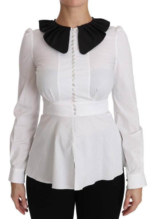 Elegant White Cotton Blend Blouse with Black Collar