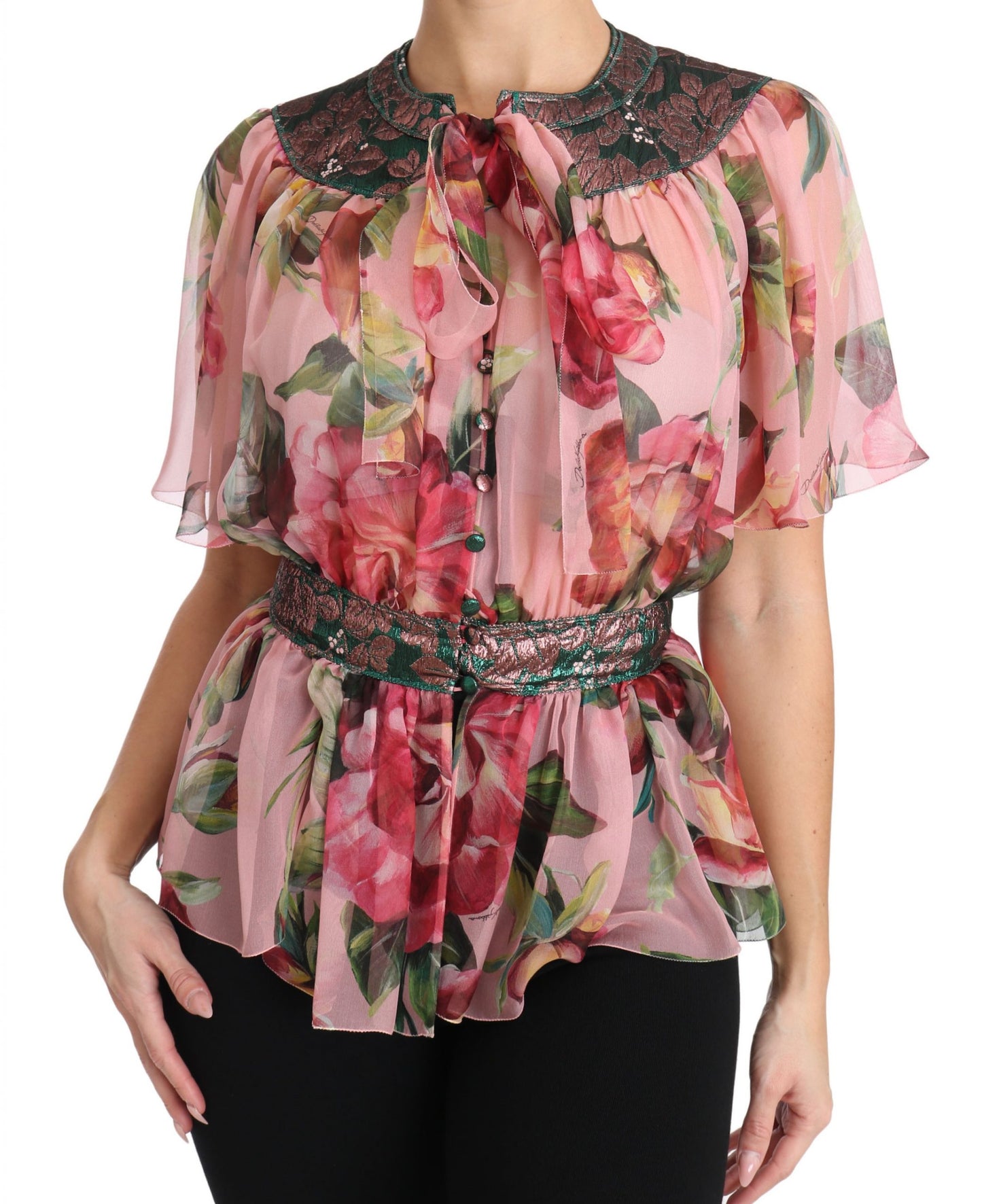 Elegant Floral Silk Pussy-Bow Shirt