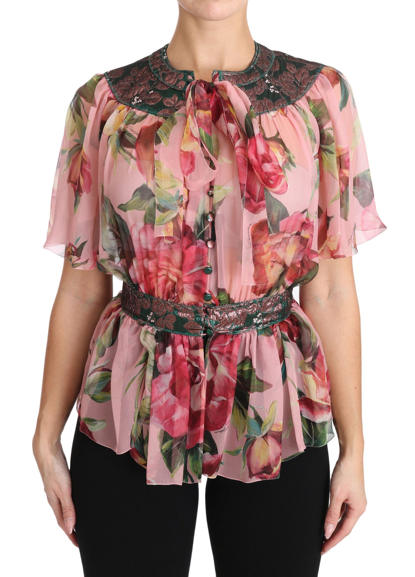 Elegant Floral Silk Pussy-Bow Shirt