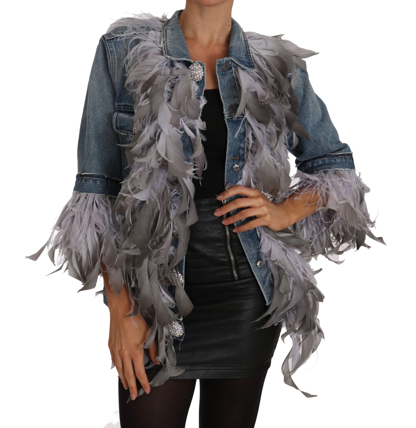 Embellished Feather Denim Extravaganza