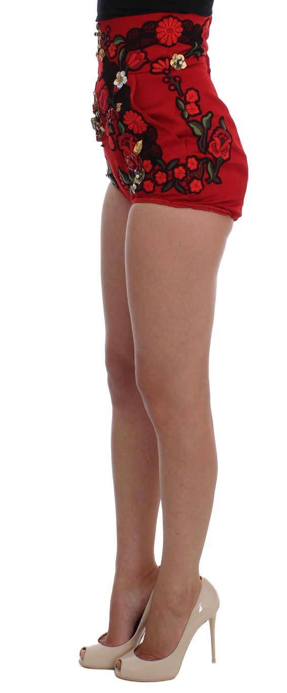 Red Silk Embroidered Crystal Waist Shorts