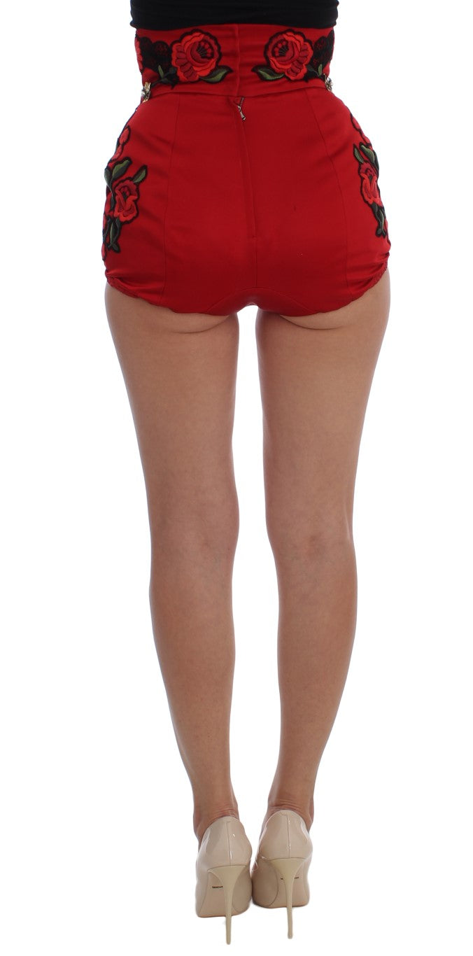 Red Silk Embroidered Crystal Waist Shorts