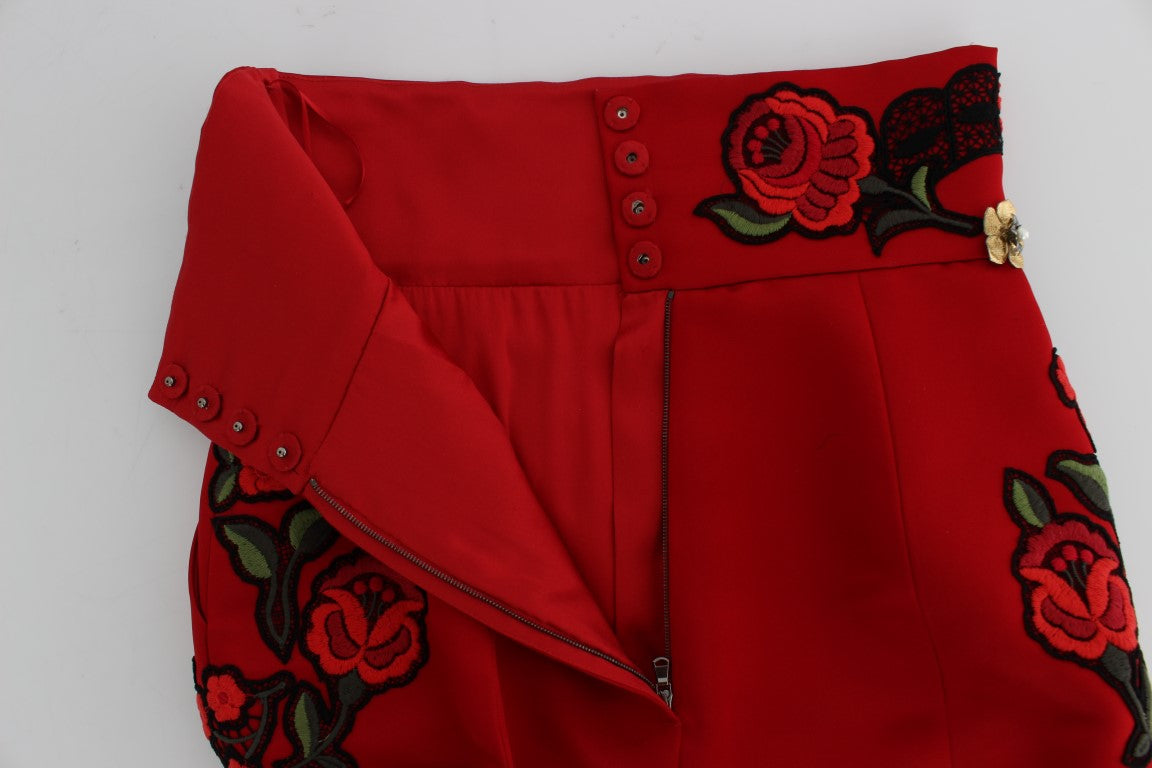 Red Silk Embroidered Crystal Waist Shorts