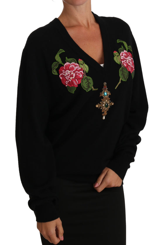 Elegant Black Cashmere Crystal Sweater