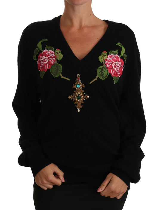 Elegant Black Cashmere Crystal Sweater