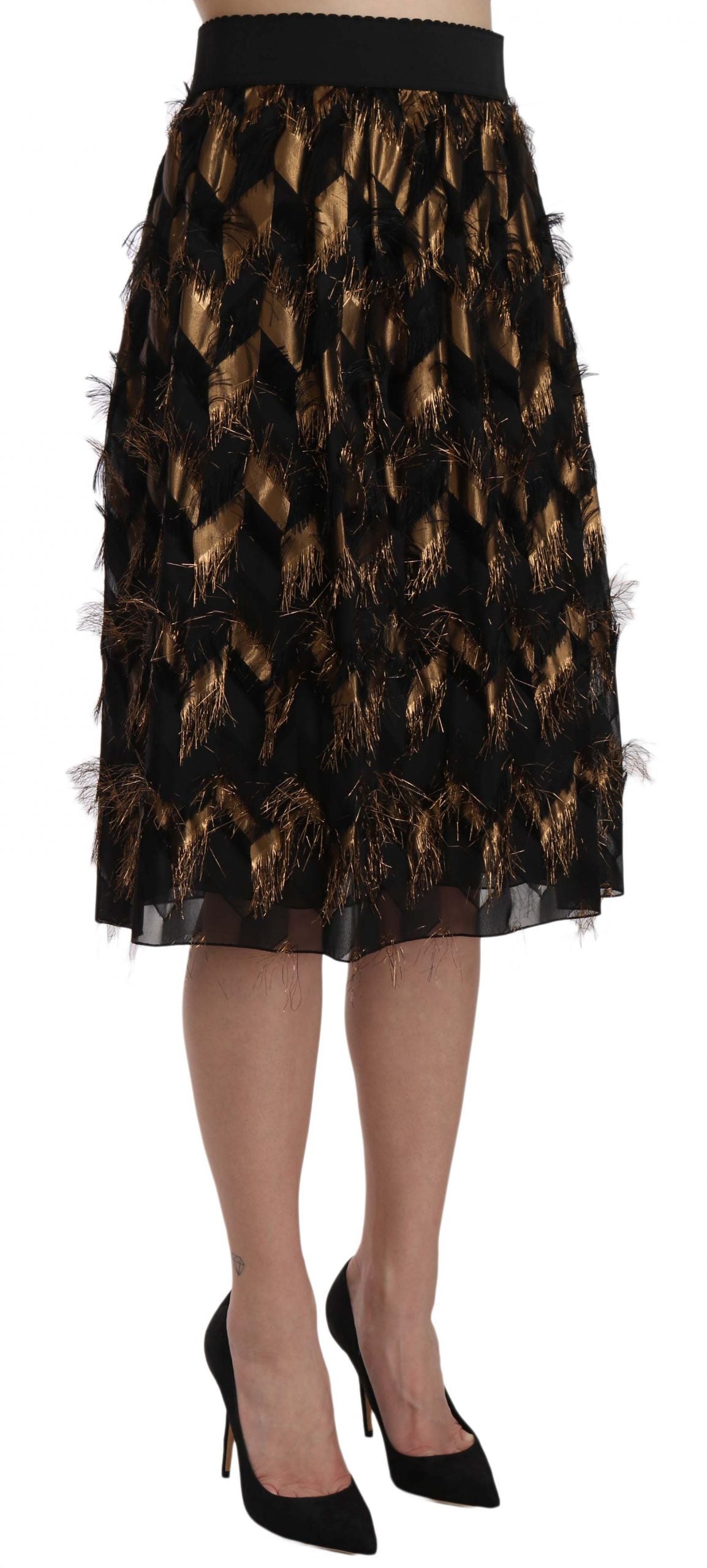 Black Gold Fringe Metallic Pencil A-line Skirt