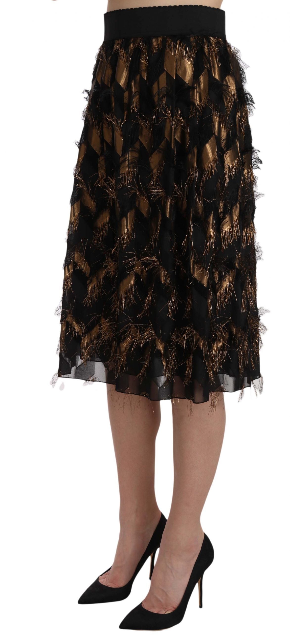 Black Gold Fringe Metallic Pencil A-line Skirt