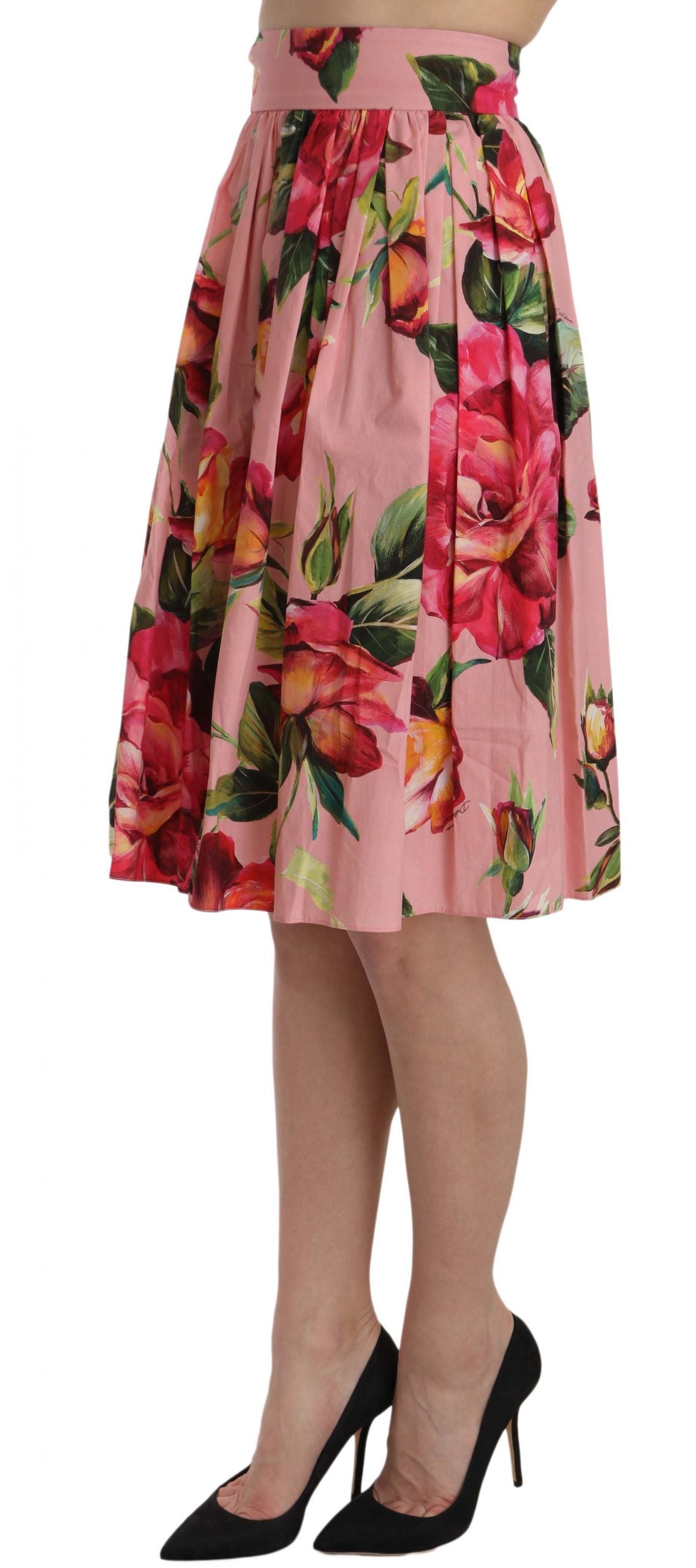 Elegant Pink Rose Print Flare Skirt