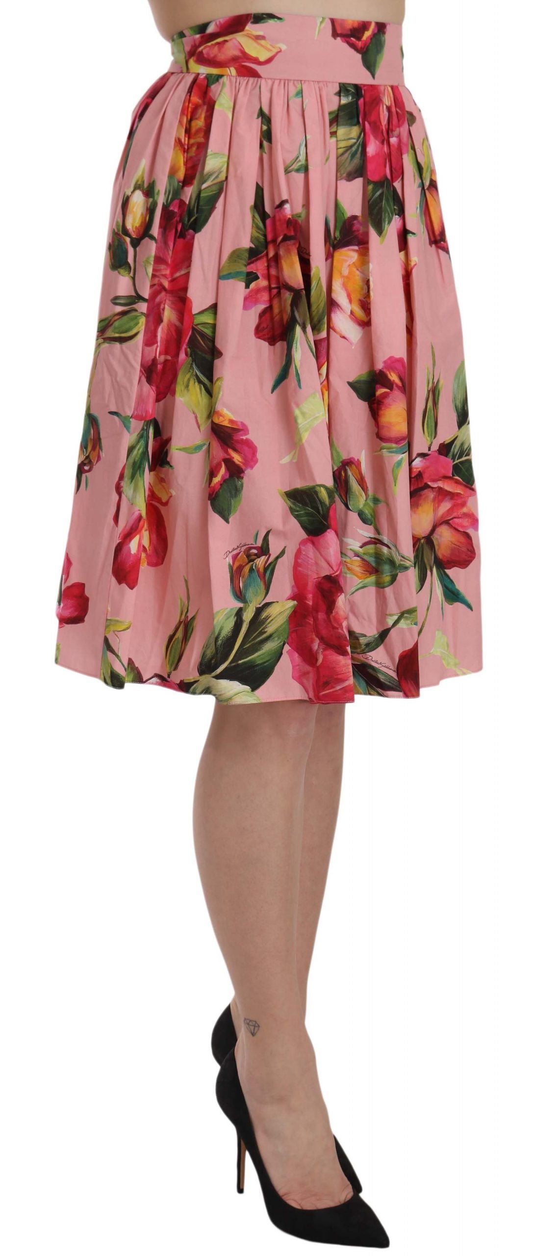 Elegant Pink Rose Print Flare Skirt