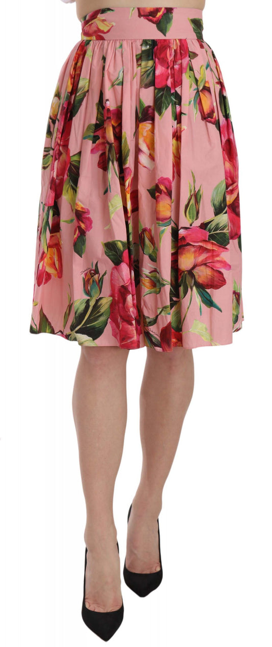 Elegant Pink Rose Print Flare Skirt