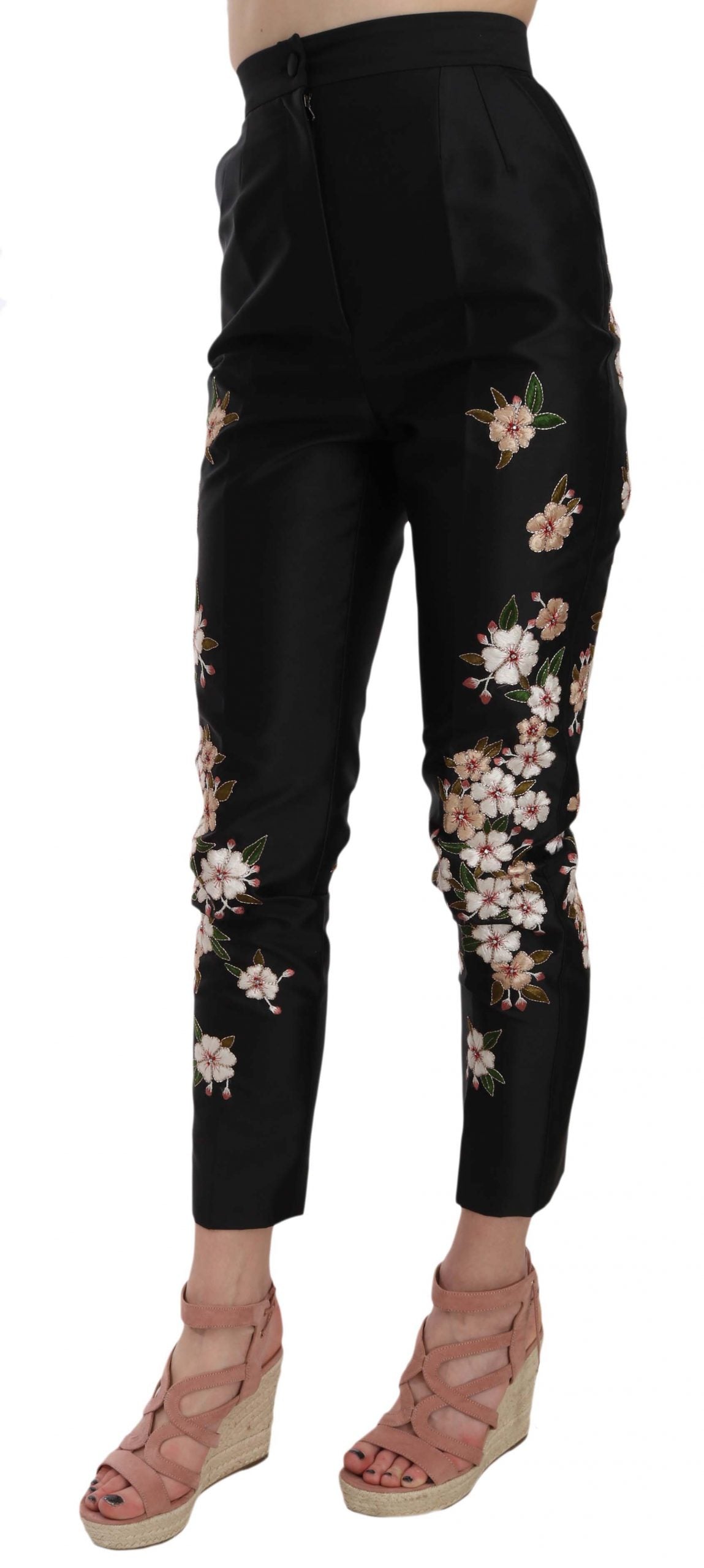 Black Silk Floral Embroidered Trousers Slim Pants