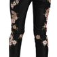 Black Silk Floral Embroidered Trousers Slim Pants