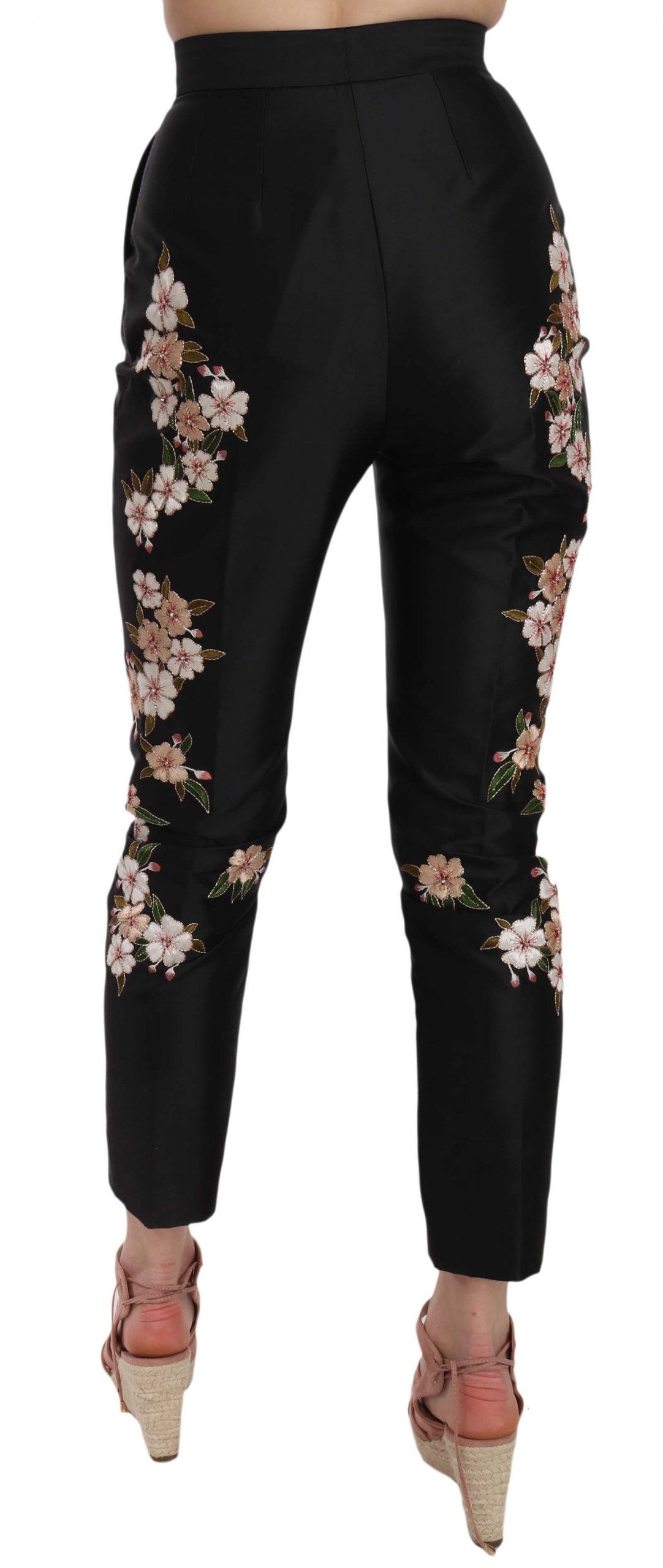 Black Silk Floral Embroidered Trousers Slim Pants