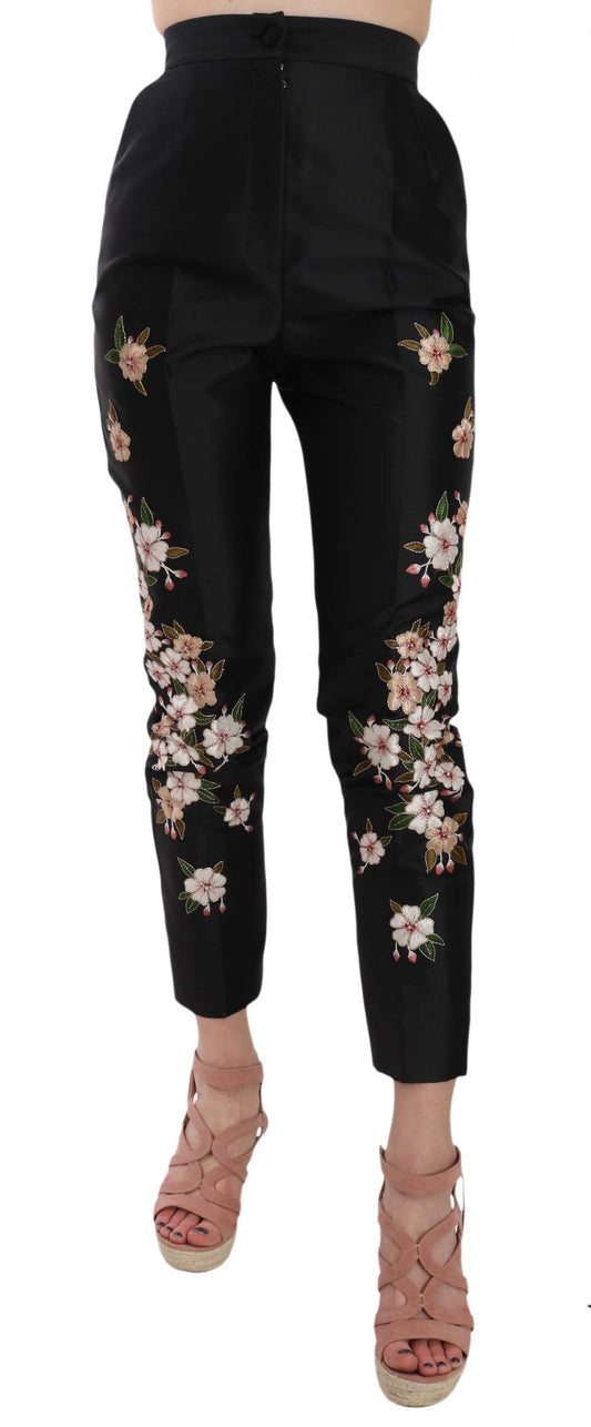 Black Silk Floral Embroidered Trousers Slim Pants