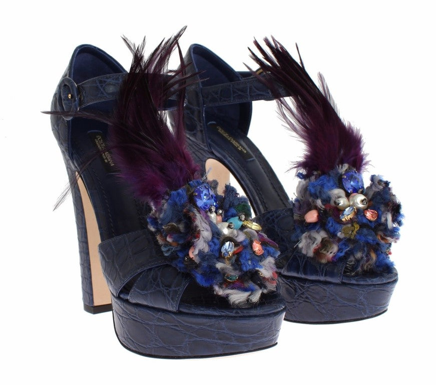 Elegant Blue Crocodile Crystal Platform Sandals