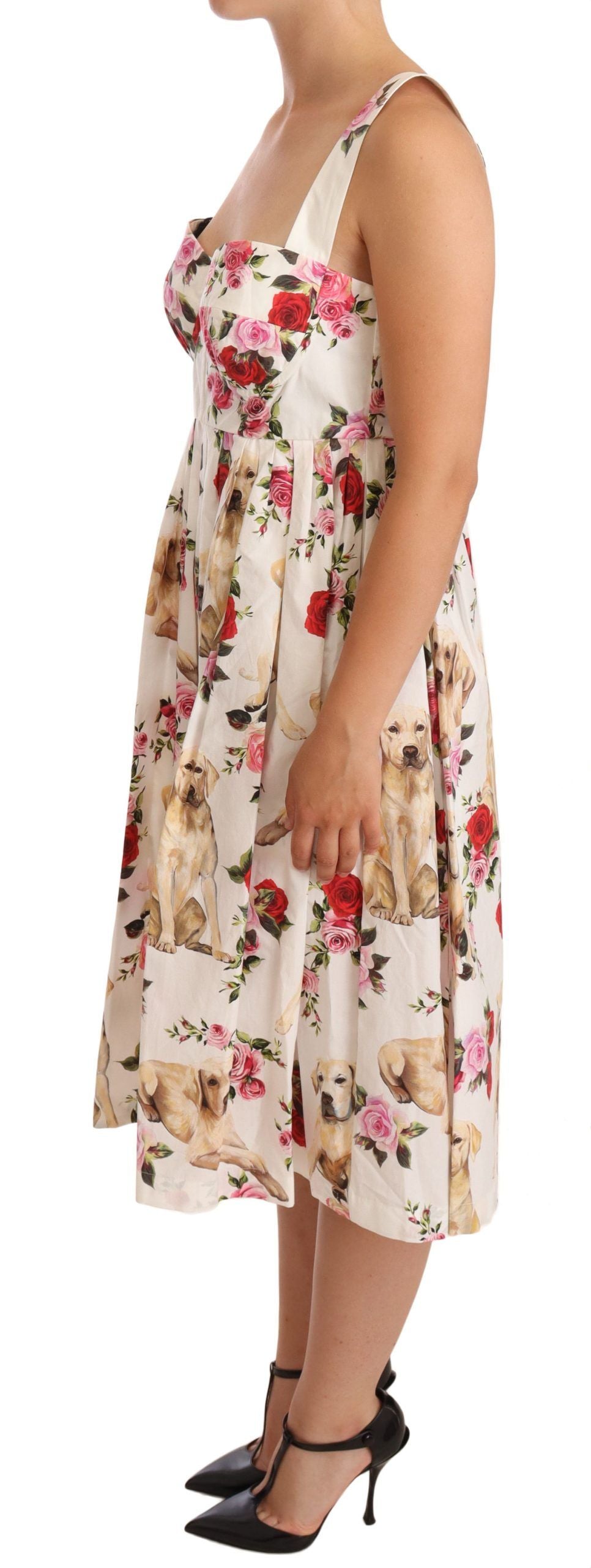 White Floral Dog Print Cotton Pleated Gown Dress