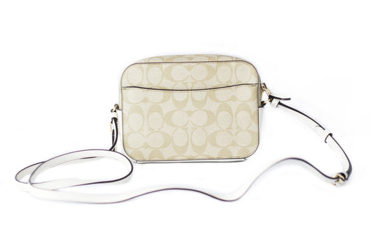 Signature Coated Canvas and Leather Mini Camera Bag Crossbody Handbag [Light Khaki Chalk]