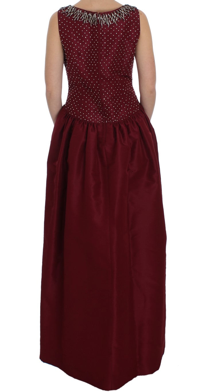 Elegant Bordeaux Silk Crystal Gown