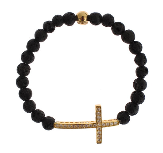 Lava Stone Gold Clear CZ Cross 925 Silver Bracelet