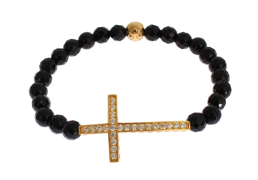 Agate Stone Gold CZ Cross 925 Silver Bracelet