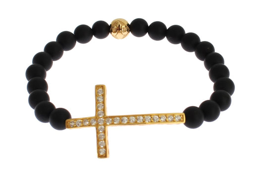 Matte Onyx Stone Gold CZ Cross 925 Silver Bracelet