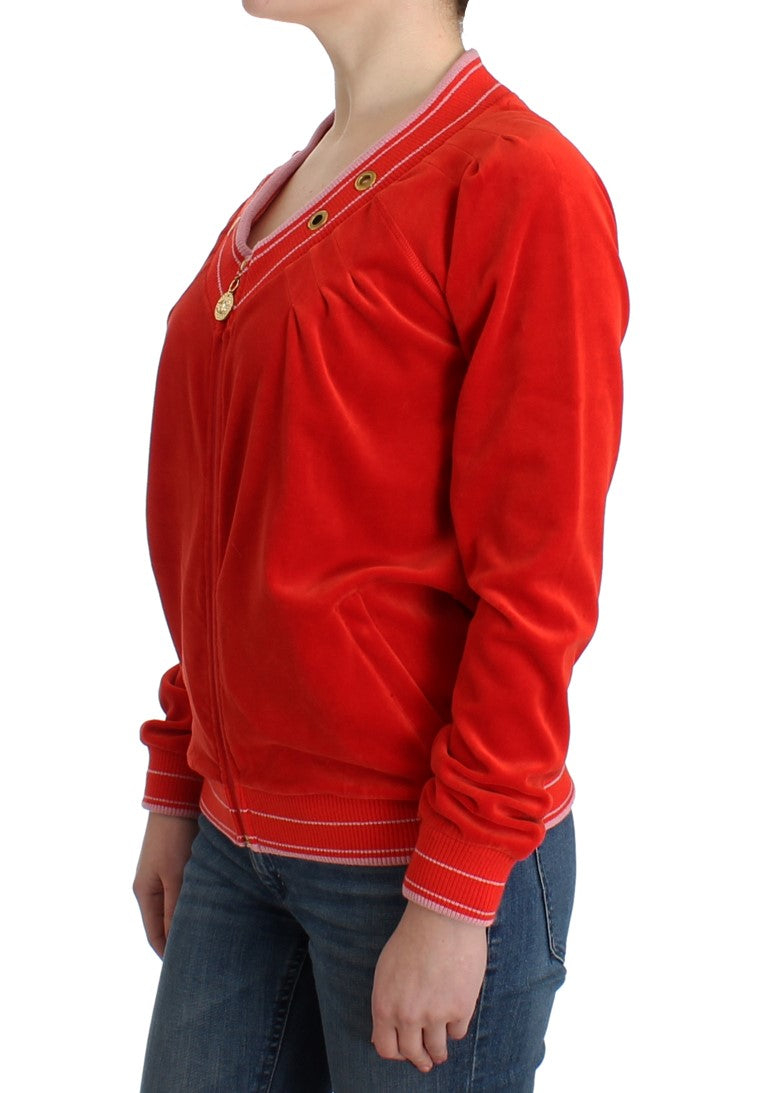 Radiant Red Zip Cardigan with Gold Detailing