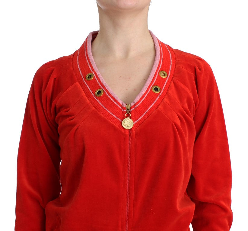 Radiant Red Zip Cardigan with Gold Detailing