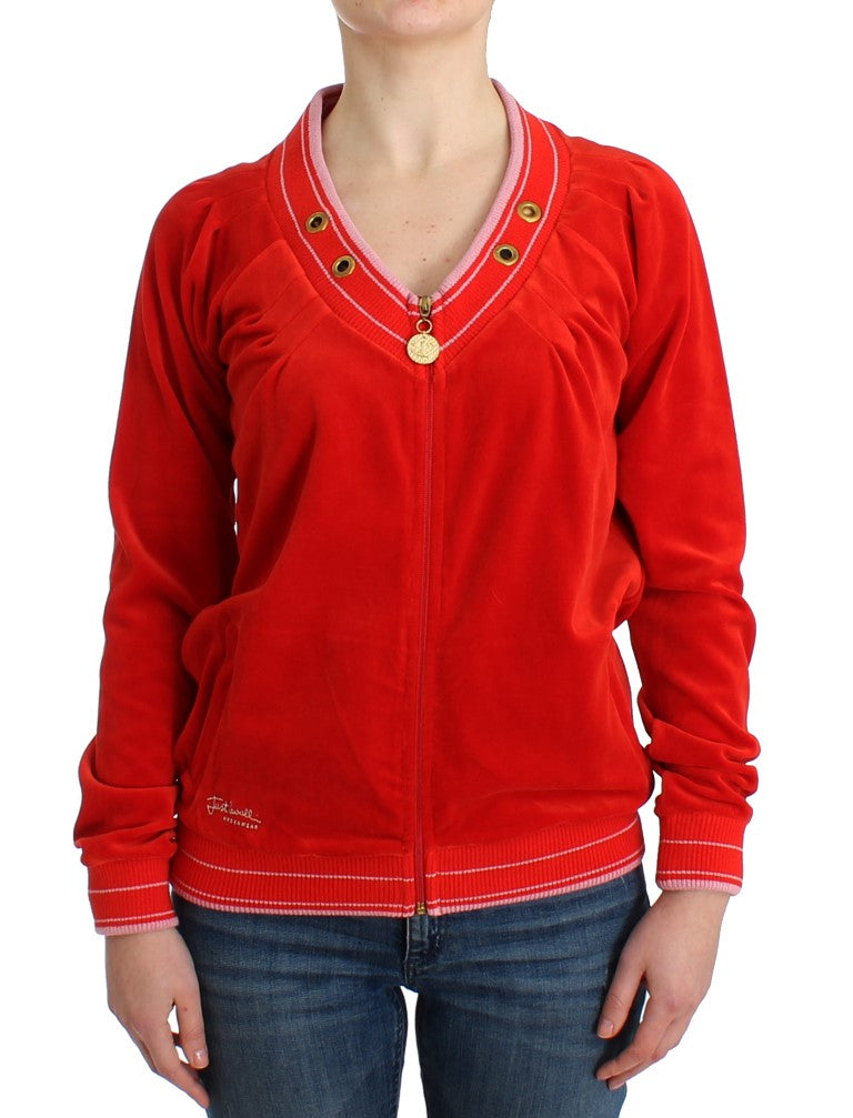 Radiant Red Zip Cardigan with Gold Detailing