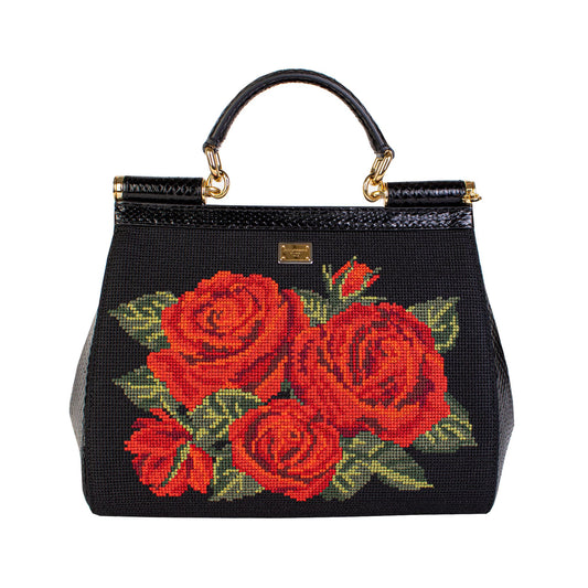 Elegant Roses Embroidered Leather Handbag