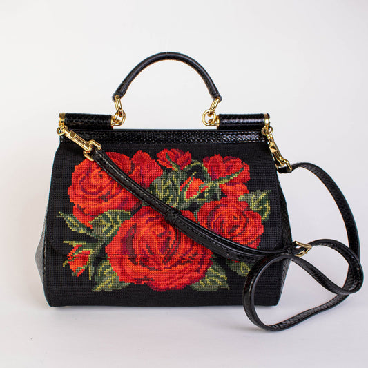 Elegant Roses Embroidered Leather Handbag