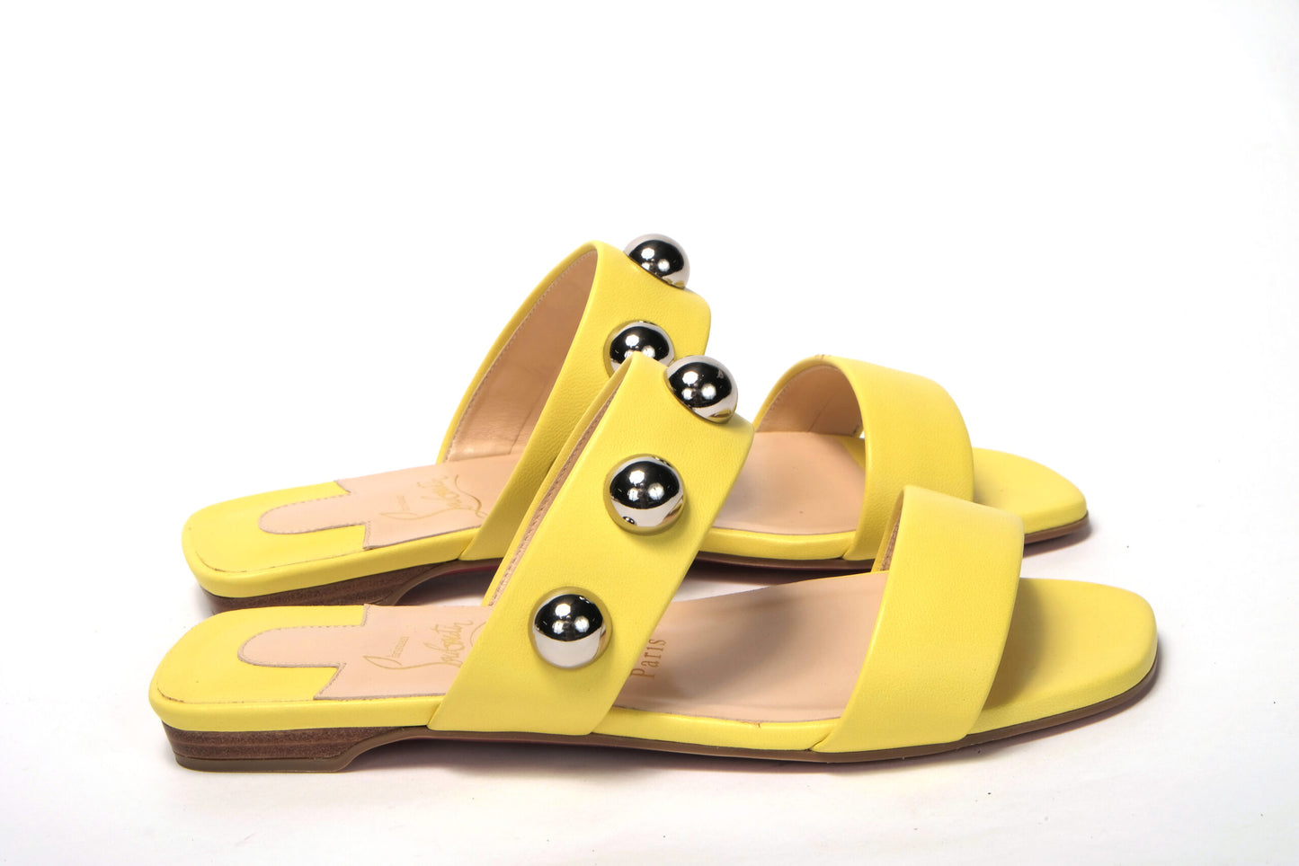 Bright Yellow Silver Wide Strap Studded Flat