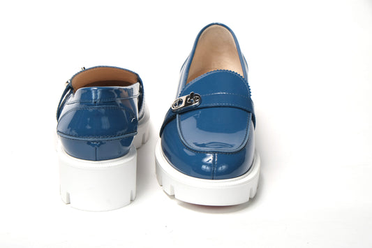 Blue And White Silver Logo Lock Boat Shoe