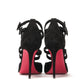 Black Velour Perforated Strappy High Heel Sandal 