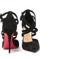 Black Velour Perforated Strappy High Heel Sandal 