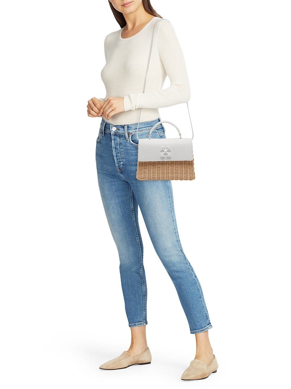 Chic White Leather & Straw Jitney Tote Bag