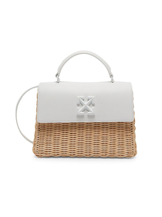 Chic White Leather & Straw Jitney Tote Bag